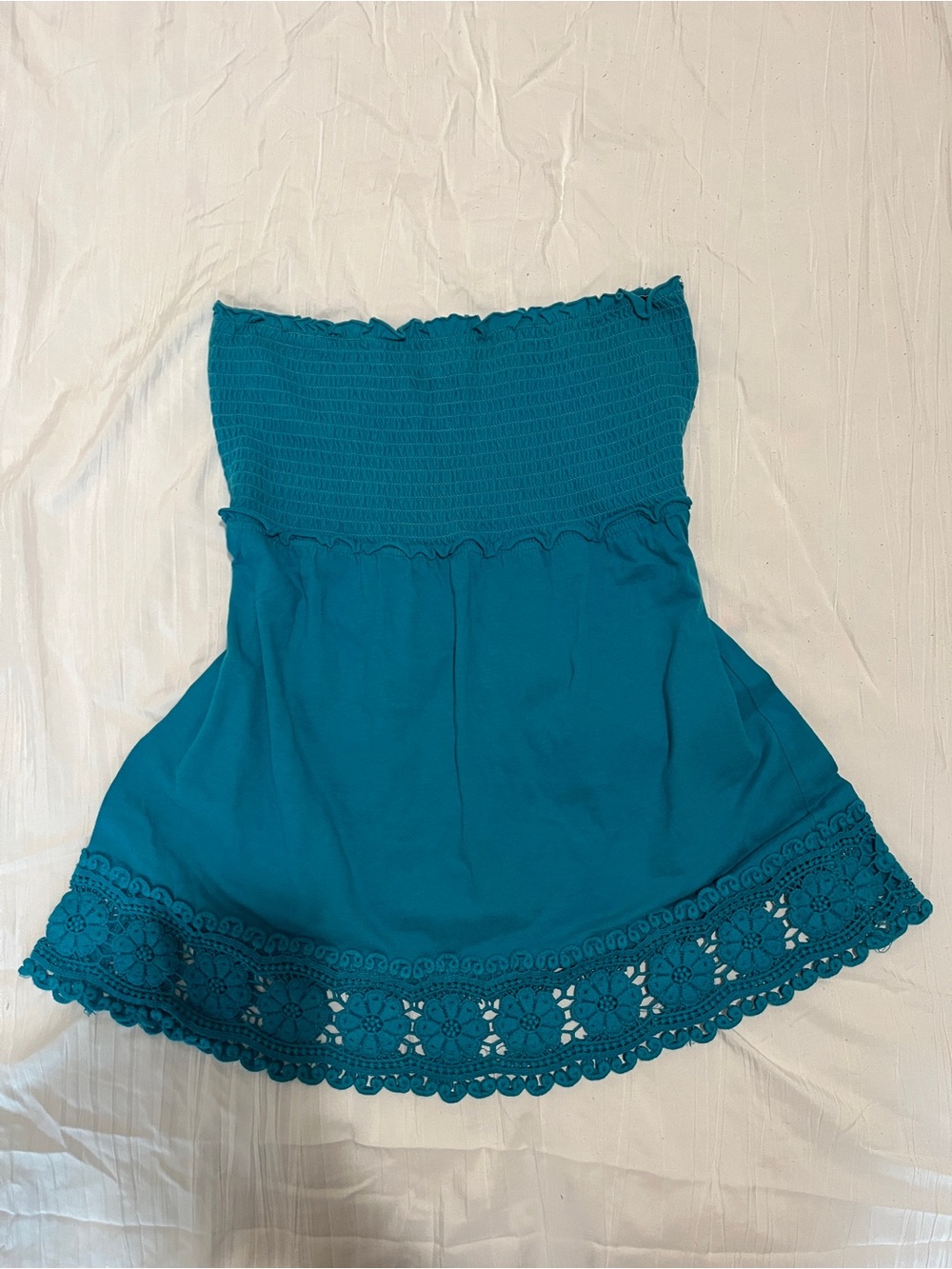 Love Rocks Teal Strapless Crochet-Hem Tube Top